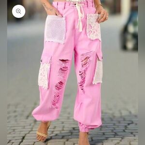 NEW!! POL Barbie Pink Distressed Lace Joggers, Sz Small